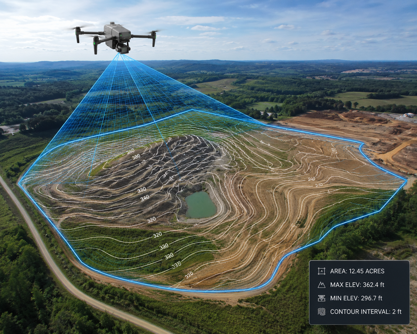 Aerial drone map of farm field boundaries showing full acreage in one frame